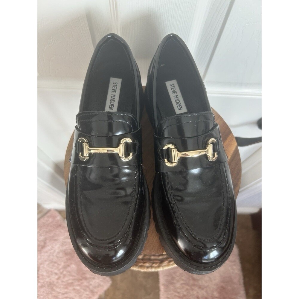 Steve Madden Women’s Black Leather Slip-On Loafer Flats Metal Bit Comfort 9